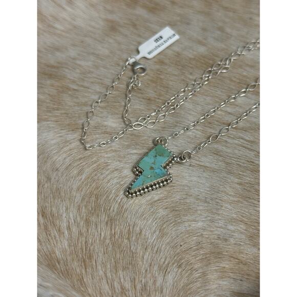 Native American SW Sterling Silver Blue Turquoise Lightning Bolt Necklace 925 - Picture 3 of 11
